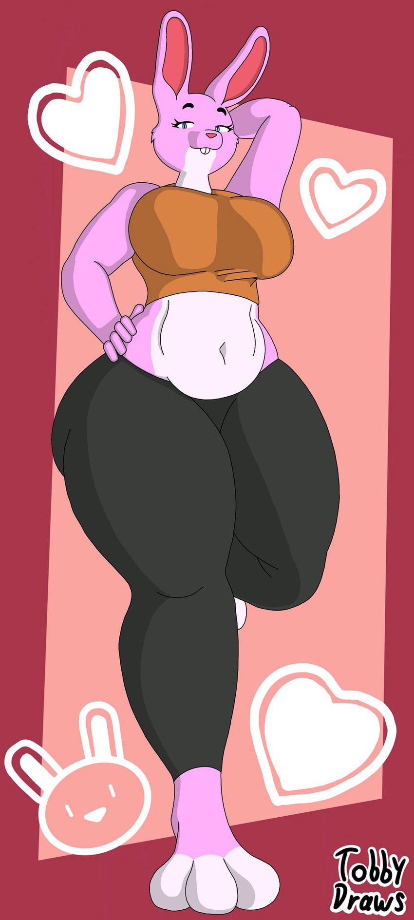 big_breasts big_butt blue_eyes bottomwear breasts butt clothing curvy_figure female furry_body heart_symbol looking_at_viewer pants pink_body solo text thick_thighs topwear voluptuous wide_hips yoga_pants tobydraws4 lagomorph leporid mammal rabbit english_text hi_res