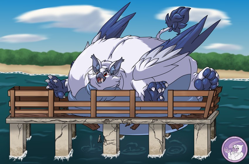 beach bodily_fluids feral gain gluttony obese open_mouth overweight pier saliva sea slightly_chubby water hyperchibiabsol mythology avian gryphon mythological_avian mythological_creature hi_res