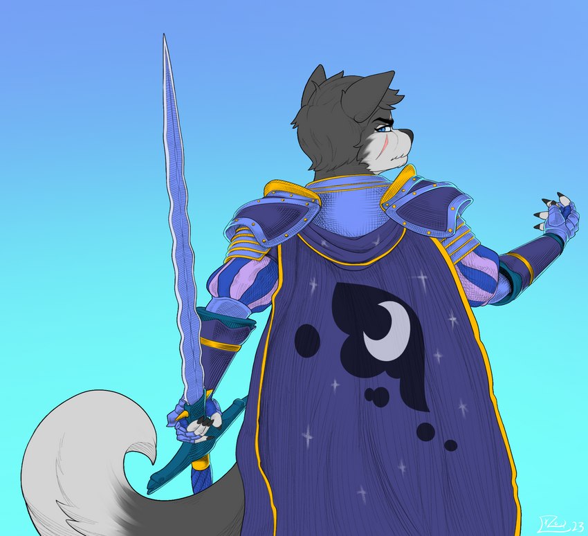 anthro armor clothed clothing fur hair holding_object holding_weapon looking_at_viewer male melee_weapon simple_background solo sword tail warmonger warrior weapon ltzodd for_honor_(game) hasbro my_little_pony canid canine canis domestic_dog husky mammal nordic_sled_dog spitz colored digital_media_(artwork) hi_res