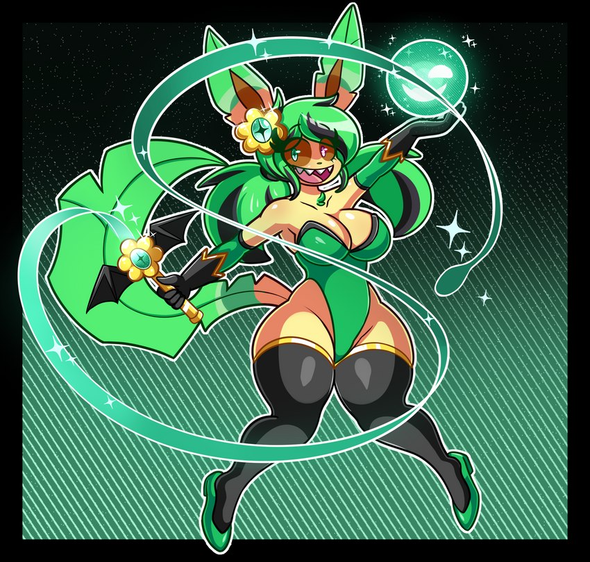 anthro big_breasts black_clothing black_hair black_legwear black_stockings breasts clothing energy energy_ball energy_ball_(move) eyelashes female footwear fur green_eyes green_hair hair heterochromia legwear looking_at_viewer magical_girl_outfit magical_girl_wand multicolored_hair open_mouth orb pigtails pink_eyes pokemon_move shark_teeth shark_tooth shoes smile solo stockings whip yellow_body yellow_fur mintyspirit nintendo pokemon sunnyleafeon_(mintyspirit) eeveelution generation_4_pokemon leafeon pokemon_(species) 2023 hi_res