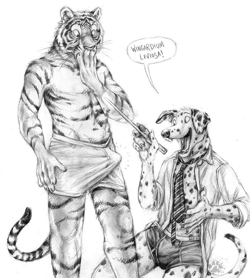 5_fingers anthro anthro_on_anthro biped claws clothed clothing duo erection erection_under_clothing fangs fingers floppy_ears fur interspecies magic_wand male male/male necktie open_mouth open_smile simple_background smile speech_bubble striped_body striped_fur stripes tail teeth topless topless_anthro topless_male whiskers white_background blotch harry_potter_(series) canid canine canis dalmatian domestic_dog felid mammal pantherine tiger graphite_(artwork) greyscale hi_res monochrome shaded traditional_media_(artwork)