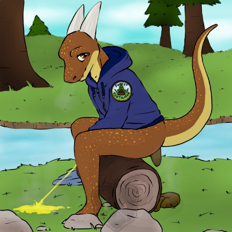 anthro bodily_fluids bottomless clothed clothing feces forest genital_fluids horn male outside peeing plant pooping scatplay solo tail tree urine wrendeer mythology rise_(poverizer) dragon mythological_creature mythological_scalie scalie 1:1