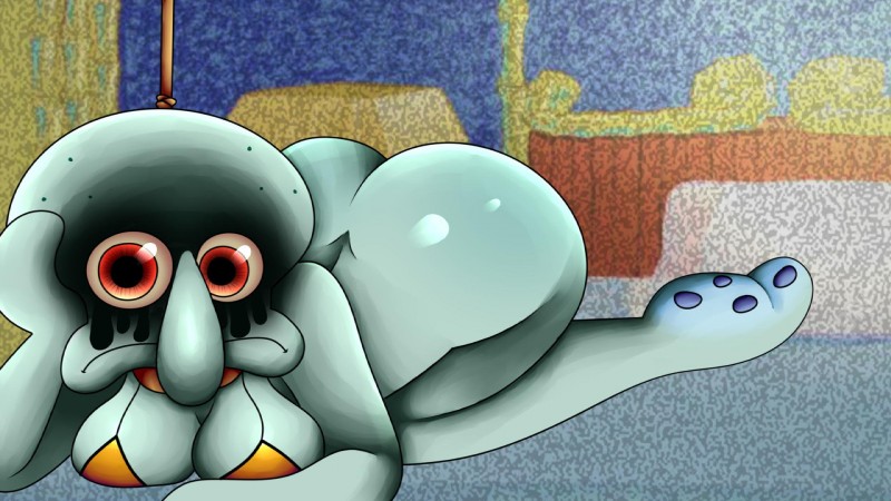 bald bed bra breasts butt cleavage clothed clothing crossgender cursed_image female frown furniture green_body green_skin looking_at_viewer mtf_crossgender non-mammal_breasts on_bed red_eyes solo static underwear unknown_artist creepypasta nickelodeon spongebob_squarepants squidward's_suicide squidward_tentacles cephalopod coleoid marine mollusk octopodiform 16:9 hi_res meme widescreen