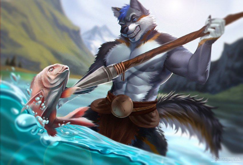 5_fingers abs anthro athletic athletic_anthro athletic_male black_nose bottomwear claws clenched_teeth clothed clothing finger_claws fingers fishing fur grey_body grey_fur humanoid_hands lake loincloth male melee_weapon multicolored_body multicolored_fur muscular muscular_anthro muscular_male nature nipples outside partially_clothed partially_submerged pecs polearm solo spear spearfishing teeth text topless topless_male tribal two_tone_body two_tone_fur water weapon white_body white_fur snegireva canid canine canis fish mammal marine wolf 2021 digital_media_(artwork) signature url