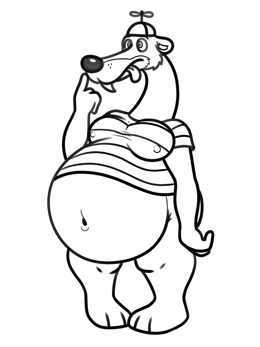 anthro belly big_belly bottomless clothed clothing male moobs navel nipple_outline no_underwear overweight overweight_male stronberry disney who_framed_roger_rabbit stupid_(character) mammal mustelid musteline true_musteline weasel hi_res monochrome