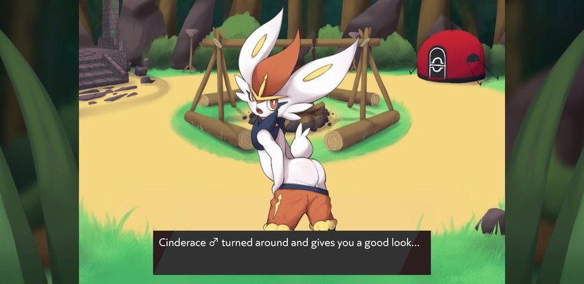 balls blush butt fur genitals looking_at_viewer male raised_tail red_eyes solo tail text naika nintendo pocket_campfire pokemon cinderace generation_8_pokemon pokemon_(species) english_text hi_res