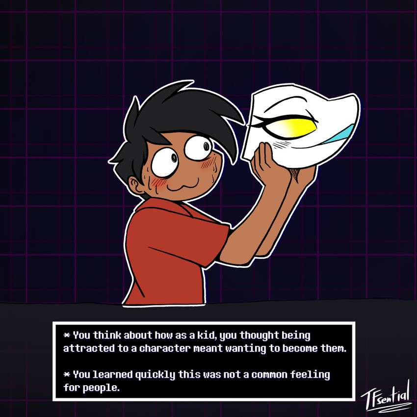 anthro black_back black_hair blush bodily_fluids clothed clothing duo female hair imminent_transformation inner_monologue male mask open_mouth sweat text text_box thinking toony_expression yellow_eyes tf-sential deltarune undertale_(series) tasque_manager digital_creature human mammal 1:1 english_text hi_res signature