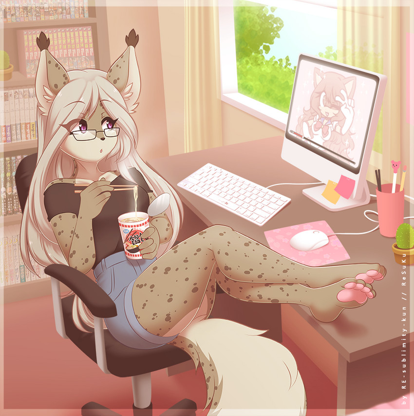 anthro arms_bent bent_legs bottomwear chair clothed clothing computer crossed_legs desk electronics eyewear feet feet_on_desk feet_up female food foot_on_table fully_clothed furniture glasses leg_over_shin legs_up noodles pawpads ramen shorts sitting solo supported_legs table re-sublimity-kun felid feline lynx mammal digital_media_(artwork) shaded