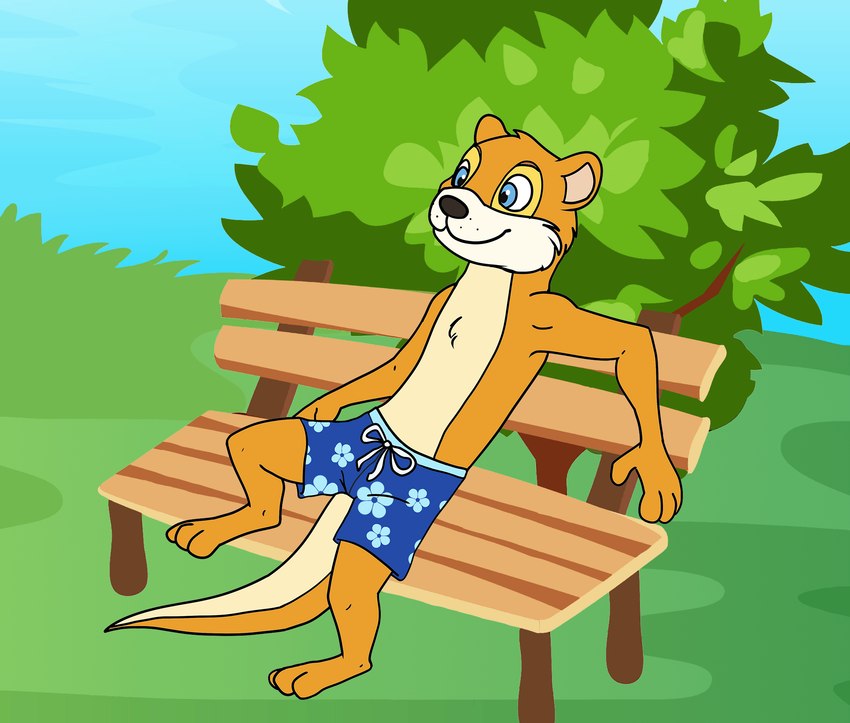 3_toes anthro barefoot bottomwear clothing feet male plantigrade riverside shorts solo swimming swimming_trunks swimwear toes kitsune2000 mammal mustelid otter hi_res