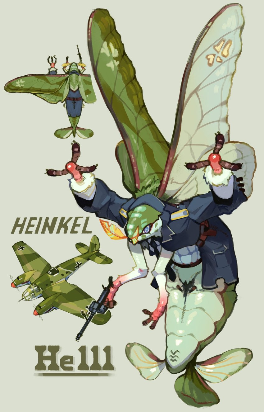 3_fingers aircraft ambiguous_gender anthro clothed clothing feelers fingers gun he111 heinkel_he111 machine machine_gun military ranged_weapon solo vehicle weapon wings hideki_kaneda arthropod insect lepidopteran living_machine moth 2022 hi_res multiple_images