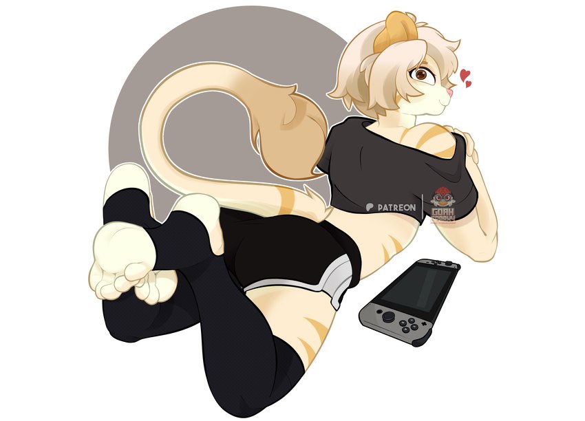 anthro bottomwear butt clothed clothing dolphin_shorts feet foot_fetish foot_focus footwear heart_symbol hotpants humanoid_feet leggings legwear male off_shoulder plantigrade shorts socks solo stirrup_stockings toeless_footwear toeless_socks goah_sparky nintendo nintendo_switch finn_(itsjay) felid feline lion mammal pantherine hi_res shaded