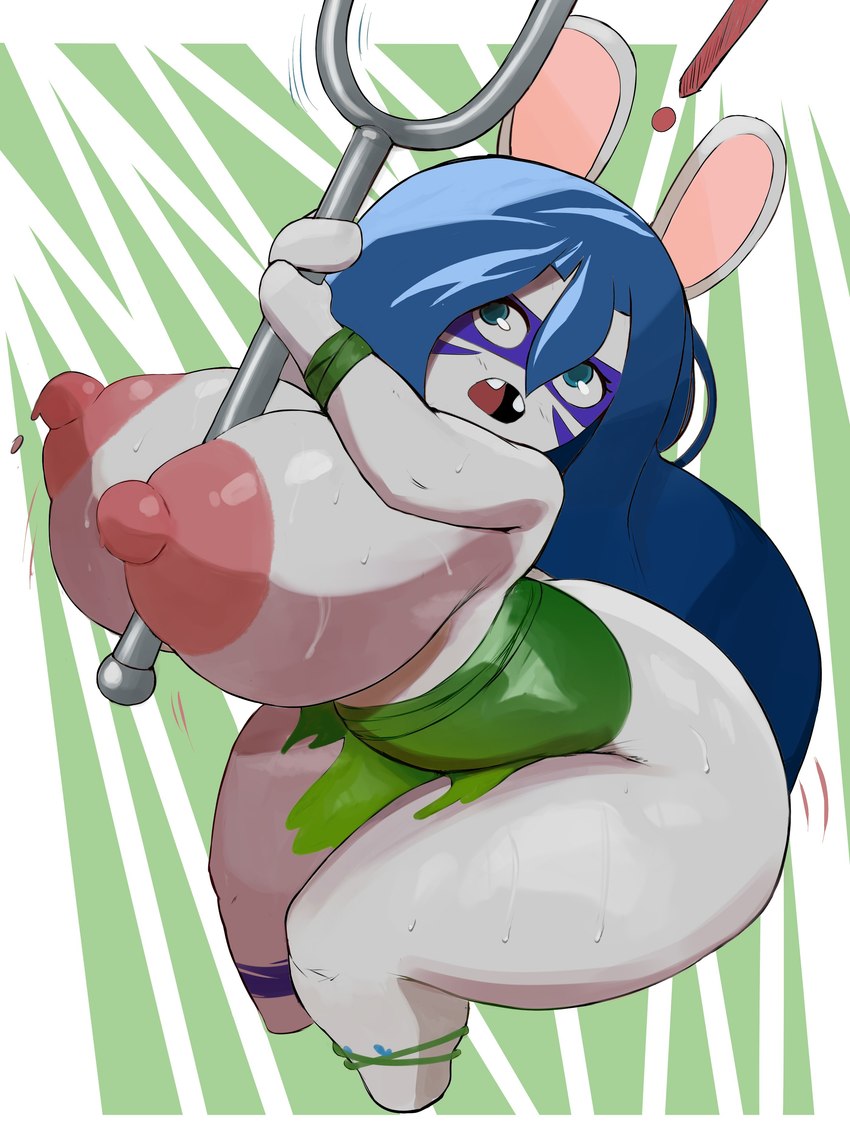 anthro areola big_breasts big_butt blue_eyes blue_hair breasts butt clothed clothing exclamation_point female fur hair huge_breasts huge_butt huge_hips huge_thighs long_hair motion_lines nipples pink_areola pink_nipples solo thick_thighs white_body white_fur wide_hips imago_ic raving_rabbids rayman_(series) ubisoft allegra_(mario_plus_rabbids) lagomorph mammal rabbid absurd_res hi_res