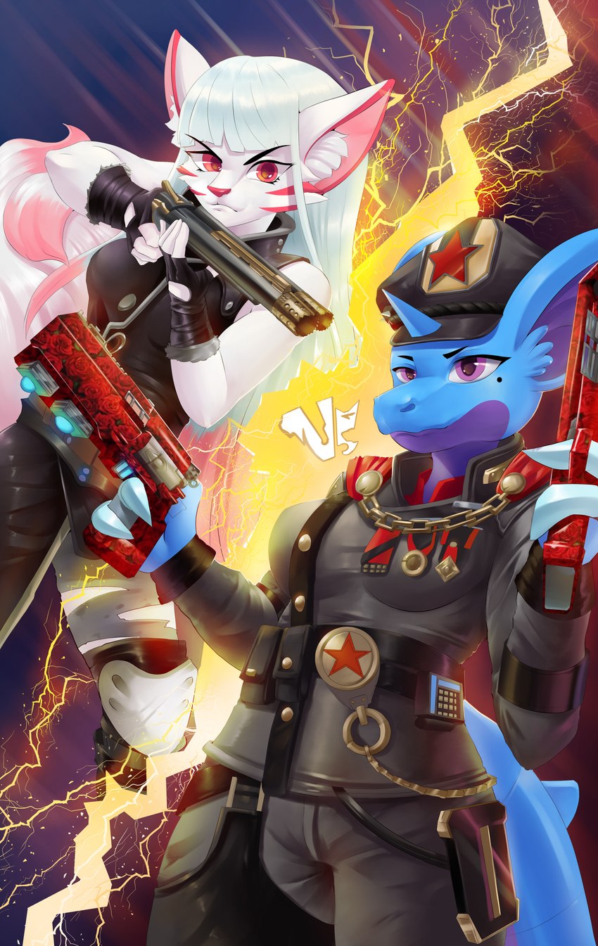 action_pose duo female gun pose ranged_weapon weapon sparkittyart vs absurd_res hi_res