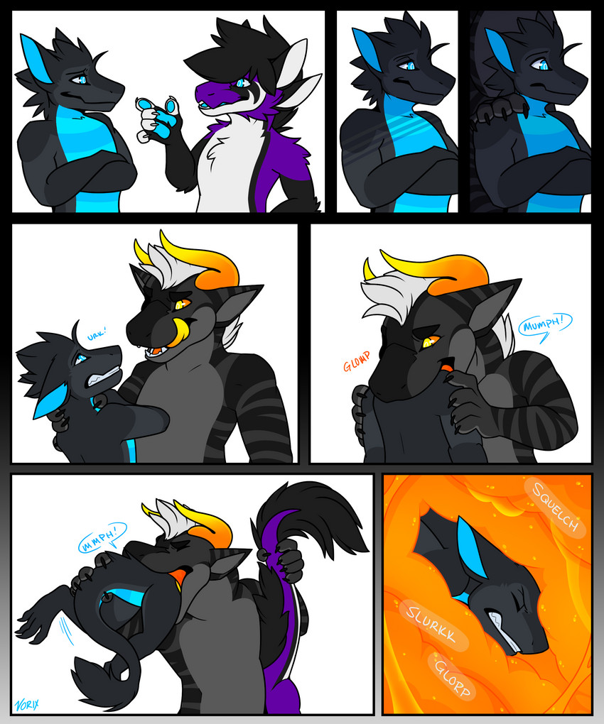 anthro blue_body blue_eyes blue_fur fur group horn imminent_death internal male male/male male_pred male_prey oral_vore orange_eyes pawpads paws purple_body purple_fur soft_vore swallowing tail vore vorix mythology elusion_(elusionair) gale_(vorix) vorix_(character) dragon mythological_creature mythological_scalie reptile scalie sergal snake 5:6 absurd_res comic hi_res