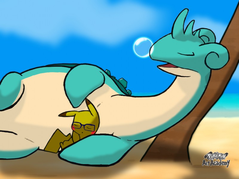 academy countershading duo female male nap palm_tree plant sea sleeping text tree water conditional_dnp pikajota nintendo pokemon pokemon_art_academy fan_character jota marina_(pikajota) generation_1_pokemon lapras pikachu pokemon_(species) 2017 4:3 art_academy_(artwork) digital_media_(artwork)