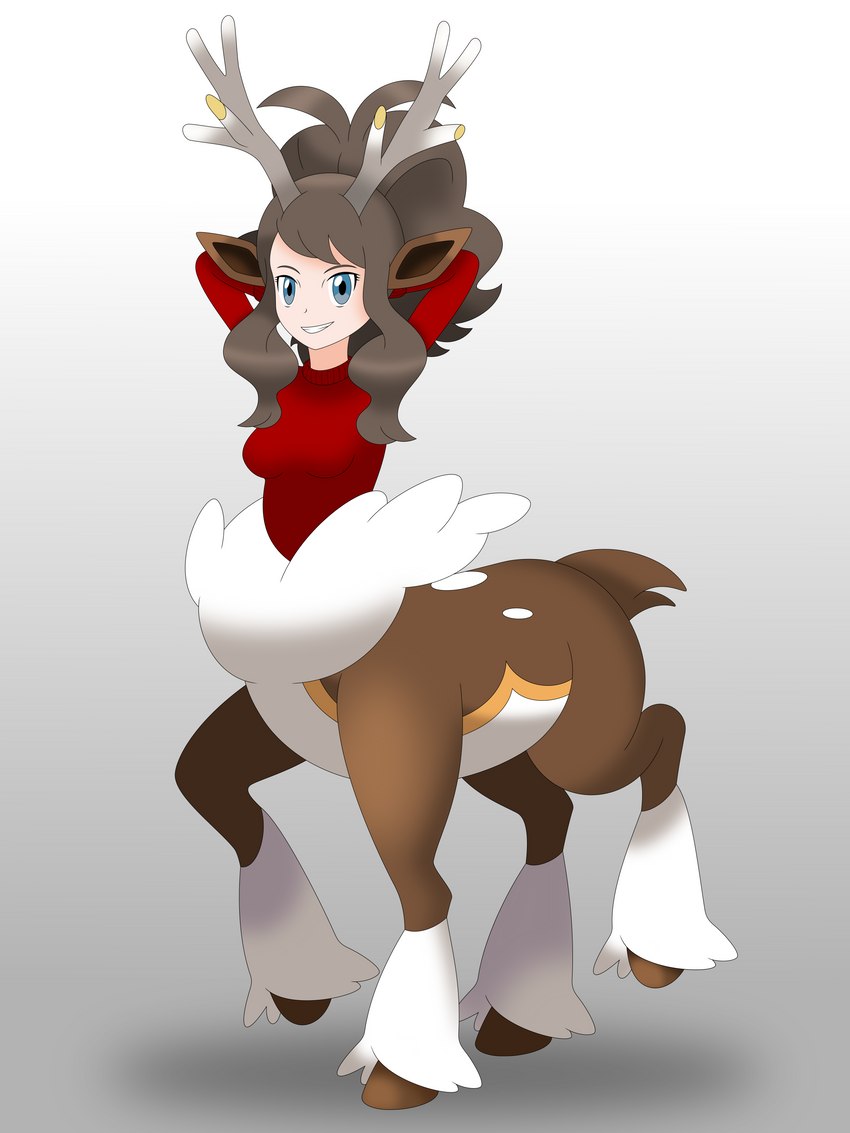 antlers blue_eyes breasts brown_body brown_fur brown_hair clothed clothing female fur gradient_background hair hands_behind_head horn looking_at_viewer simple_background smile solo standing white_body white_fur joyvell nintendo pokemon hilda_(pokemon) generation_5_pokemon humanoid_taur pokemon_(species) pokemon_taur sawsbuck taur winter_sawsbuck 3:4 absurd_res hi_res