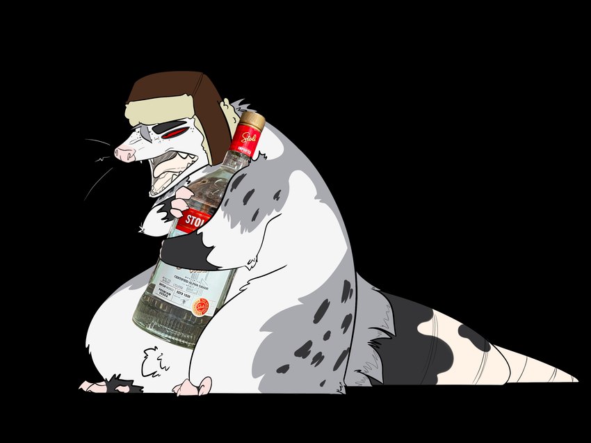 alcohol alcohol_bottle beverage clothing crooked_whiskers feral hat headgear headwear long_tail male overweight red_eyes solo tail text ushanka vodka white_body yelling possumgod ryder_the_pirate_(possumgod) american_opossum mammal marsupial alpha_channel hi_res russian_text