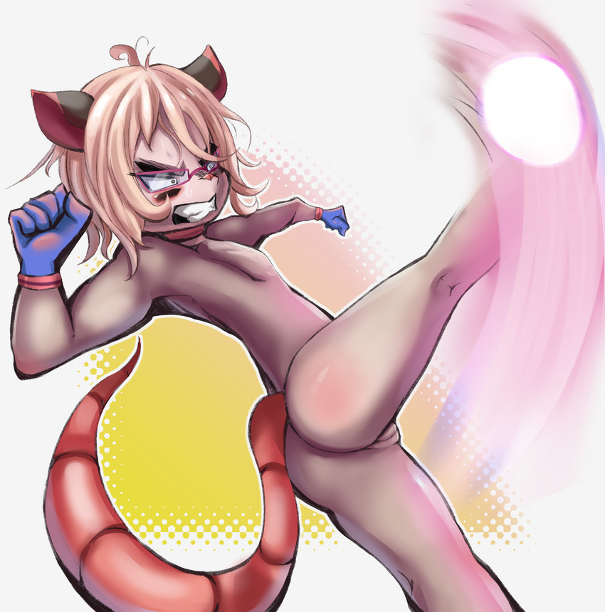 abstract_background action_pose ahoge anthro ball blonde_hair blue_clothing blue_gloves blue_handwear blush butt clenched_teeth clothing collar constricted_pupils eyewear female flat_chested foreshortening genitals glasses gloves hair handwear kick mostly_nude motion_blur pose pupils pussy raised_leg short_hair side_view simple_background slim small_pupils solo spread_legs spreading teeth young young_anthro young_female mylen sherrika american_opossum mammal marsupial hi_res