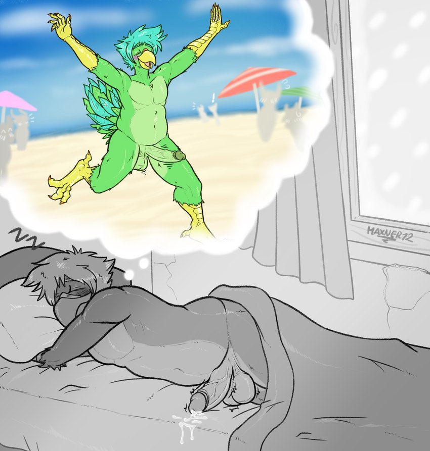 anthro beach beak bed bed_sheet bedding bedroom blue_body blue_feathers blue_hair blush bodily_fluids casual_nudity cracks cum curtains curtains_open dream erection exhibitionism eyes_closed feathers furniture genital_fluids genitals green_body green_feathers hair humanoid_genitalia humanoid_penis inside leaking_cum male navel nude penis pillow precum public public_exposure public_nudity running silhouette sleeping sleeping_nude slightly_chubby slightly_chubby_male smile snow solo sound_effects streaking surprised_expression thought_bubble umbrella vowelless vowelless_sound_effect wet_dream window zzz maxner12 patrigue avian bird parakeet parrot true_parrot absurd_res black_and_white colored hi_res monochrome