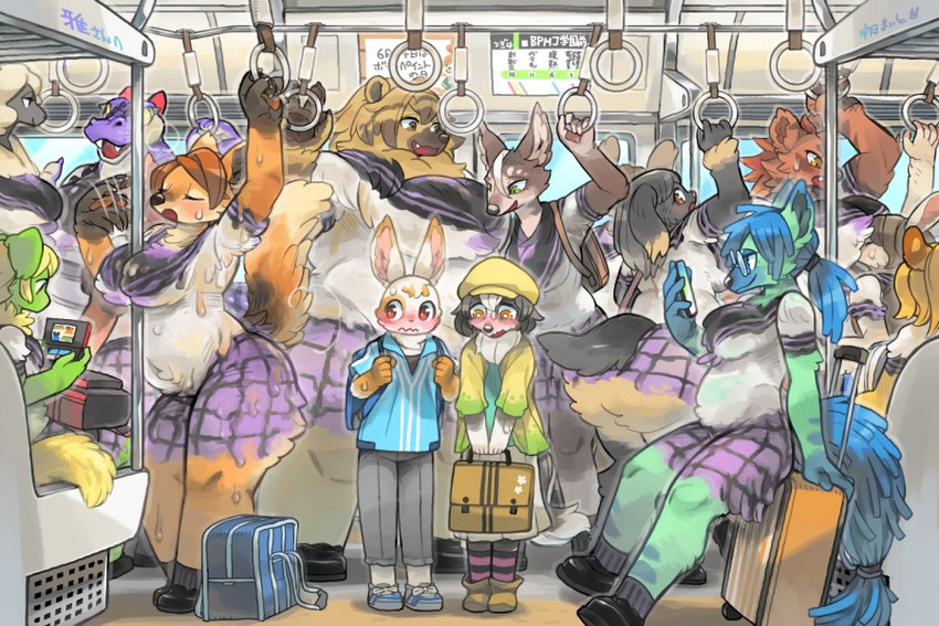 anthro asian_clothing blush bodypaint casual_nudity clothing crowded east_asian_clothing female group inside_train japanese_clothing japanese_school_uniform kemono looking_down luggage male nude painted_clothing school_bag school_uniform size_difference student subway tail train uniform vehicle young utsuki_maito mythology nintendo nintendo_ds nintendo_ds_family bear bovid canid canine canis caprine domestic_dog dragon fox lagomorph leporid mammal mythological_creature mythological_scalie rabbit scalie sheep 3:2 japanese_description