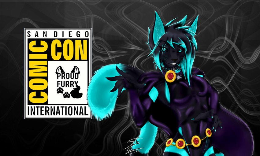 anthro black_body black_fur blue_body blue_eyes blue_fur cape clothed clothing cosplay female fur markings solo striped_markings striped_tail stripes tail tail_markings text snaketeeth12 dc_comics teen_titans kisha domestic_cat felid feline felis mammal 5:3 english_text hi_res