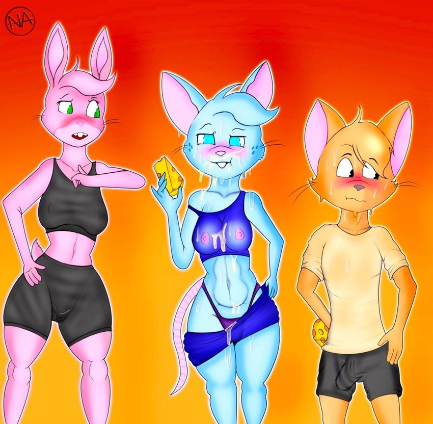 4_fingers anthro athletic athletic_anthro athletic_female athletic_male biped black_bottomwear black_clothing black_eyes black_shirt black_shorts black_tank_top black_topwear blue_body blue_bottomwear blue_clothing blue_ears blue_eyes blue_fur blue_hair blue_shirt blue_shorts blue_tank_top blue_topwear blush bodily_fluids bottomwear breasts buckteeth cheek_tuft cheese clothed clothing collarbone cum cum_on_clothing cum_on_face dairy_products eating erection erection_under_clothing eye_through_hair eyebrow_through_hair eyebrows eyelashes facial_tuft female fingers food freckles fur fur_tuft genital_fluids gradient_background green_eyes grey_nose group hair holding_cheese larger_anthro larger_female looking_at_another looking_away male midriff mouse_ears mouse_tail navel nipple_outline nipples no_bra no_pupils off_shoulder open_mouth orange_background orange_body orange_ears orange_fur orange_hair outline panties pink_blush pink_body pink_ears pink_fur pink_hair pink_inner_ear pink_nipples pink_nose pink_tail purple_clothing purple_thong purple_underwear red_background red_blush scut_tail shirt short_tail shorts simple_background size_difference smaller_anthro smaller_female smaller_male sweat tail tank_top teeth thong topwear translucent translucent_clothing translucent_hair translucent_shirt translucent_topwear trio tuft underwear wet wet_clothing wet_shirt wet_topwear whiskers white_outline wide_hipped_female wide_hips ner0artista charles_carbuckle mia_mouse rachael_rabbit domestic_cat felid feline felis lagomorph leporid mammal mouse murid murine rabbit rodent 2023 colored digital_drawing_(artwork) digital_media_(artwork)