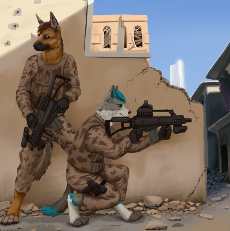 anthro clothing duo gun male ranged_weapon rifle ruins syria weapon lemurlemurovich canid canine canis domestic_dog german_shepherd herding_dog husky mammal nordic_sled_dog pastoral_dog spitz