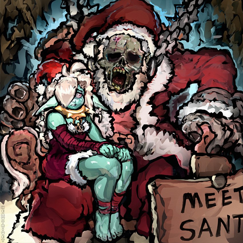 ambiguous_gender barefoot christmas_clothing christmas_headwear clothed clothing collar costume crossdressing duo feet female golden_collar hair hat headgear headwear holidays long_ears long_hair long_tail santa_costume santa_hat scared_expression sitting_in_lap speedpaint spiked_chain spiked_collar spikes tail heavyrivet christmas santa_claus elf ghoul goblin human humanoid mammal undead zombie 1:1