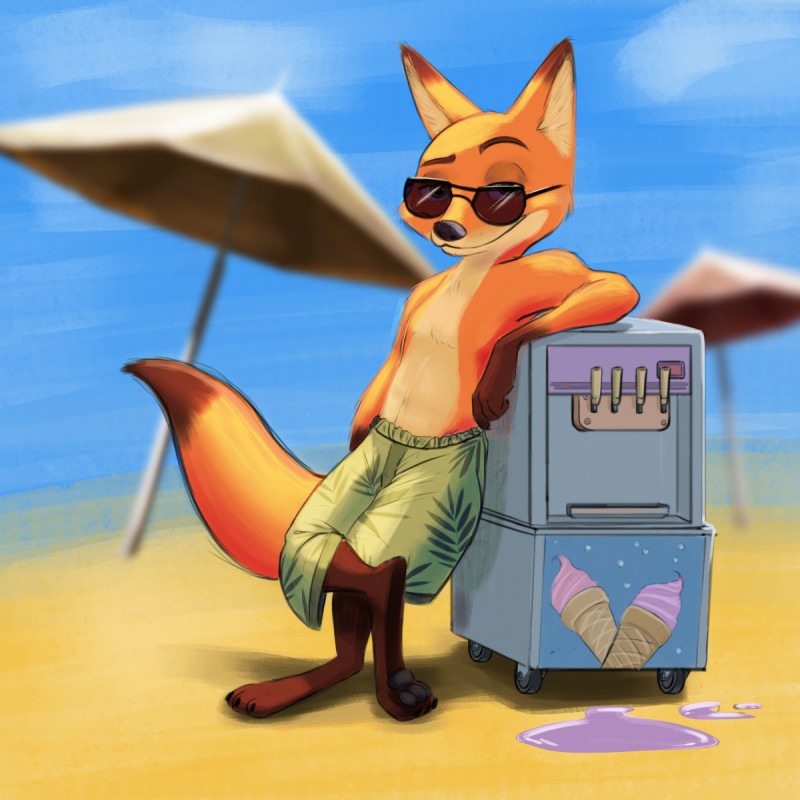 anthro barefoot beach beach_umbrella biped bottomwear brown_body brown_fur claws clothed clothing dessert eyewear feet food fur ice_cream ice_cream_machine looking_at_viewer male orange_body orange_fur parasol sand seaside shorts smile solo standing sunglasses swimwear toe_claws topless white_body white_fur tash0 disney zootopia nick_wilde canid canine fox mammal red_fox true_fox 1:1 2017 hi_res