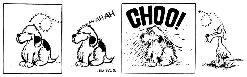 4_panel_comic ambiguous_gender bald duo feral fluffy flying humor simple_background sneeze wings jim_davis_(artist) gnorm_gnat_(series) jim_davis public_domain arthropod bee canid canine canis domestic_dog hymenopteran insect mammal 1974 20th_century absurd_res ancient_art black_and_white comic hi_res monochrome