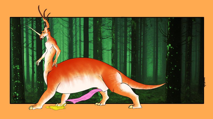 anthro big_penis bodily_fluids erection genital_fluids genitals male orange_body penis pink_penis solo unusual_anatomy unusual_genitalia unusual_penis urine urine_on_ground urine_stream watersports white_body dracokaito ceratopsian dinosaur hybrid mammal ornithischian prehistoric_species reptile scalie styracosaurus taur digital_media_(artwork) hi_res sketch