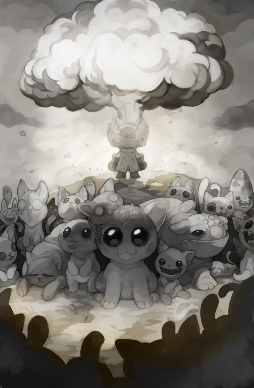 ambiguous_gender bottomwear clothed clothing cloud coat conjoined egg empty_eyes explosion eyes_closed fangs female feral front_view fur gloves group hair handwear happy lab_coat looking_at_another looking_at_viewer male nuclear_bomb nuclear_explosion open_mouth pants quadruped sharp_teeth sitting smile standing tail teeth tongue topwear vein sony-shock mewgenics dr._beanies_(mewgenics) stacy_(mewgenics) domestic_cat felid feline felis human mammal 2025 absurd_res digital_media_(artwork) hi_res monochrome