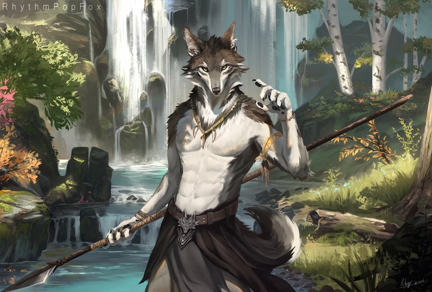 anthro belt black_body black_fur cheek_tuft clothed clothing day detailed_background facial_tuft fur grass grey_body grey_fur holding_melee_weapon holding_object holding_polearm holding_spear holding_weapon inner_ear_fluff jewelry light looking_at_viewer male melee_weapon necklace outside plant polearm solo spear topless tree tuft water weapon white_body white_fur yellow_eyes rhythmpopfox canid canine canis mammal wolf 2022 artist_name digital_drawing_(artwork) digital_media_(artwork) hi_res lighting shaded