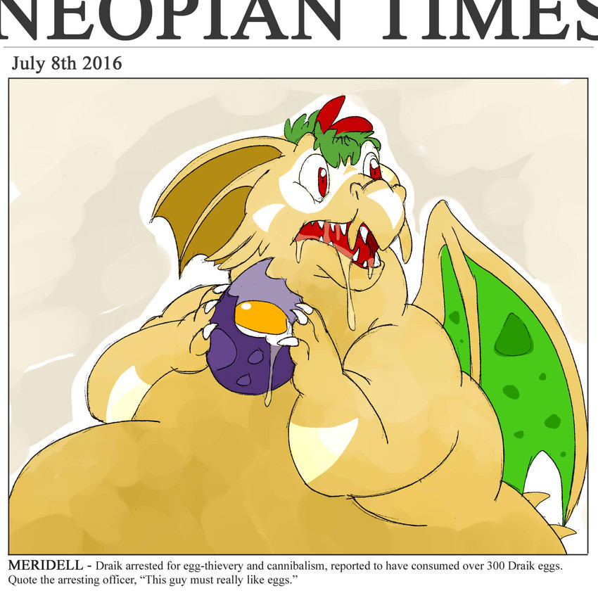 3_fingers anthro bodily_fluids cannibalism caught_off_guard drooling egg fingers green_hair hair male markings newspaper overweight overweight_anthro overweight_male saliva solo teeth_showing text white_markings yellow_body unknown_artist mythology neopets dragon draik_(neopets) island_neopet mythological_creature mythological_scalie neopet_(species) scalie english_text hi_res