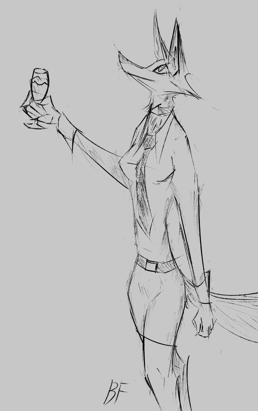 alcohol anthro belt beverage bottomwear clothing collar container cup drinking_glass female glass glass_container glass_cup grey_background holding_object necktie office_lady shirt simple_background skirt solo tail topwear wine wine_glass brewfilter 15_(brewfilter) canid canine canis fox grey_fox mammal urocyon 2024 digital_drawing_(artwork) digital_media_(artwork) hi_res monochrome portrait sketch three-quarter_portrait