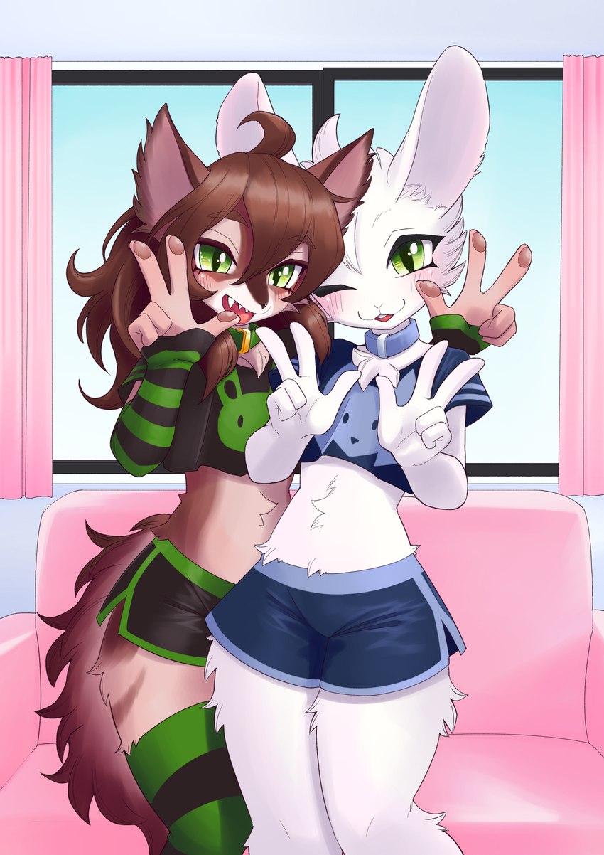 5_fingers anthro breasts brown_hair clothed clothing countershading female fingers green_eyes hair looking_at_viewer midriff open_mouth teeth tongue unousaya eira_(theonlyskywoof) skylar_zero canid canine canis lagomorph leporid mammal rabbit red_wolf wolf 2022 absurd_res digital_media_(artwork) hi_res