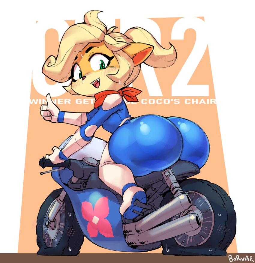 anthro big_butt biped blonde_hair bodily_fluids boots butt butt_focus clothed clothing female flat_tire footwear gesture green_eyes hair hand_gesture huge_butt legwear motorcycle open_mouth open_smile racing_suit shoes short_stack smile solo sweat text thick_thighs thigh_boots thigh_highs thumbs_up vehicle borvar activision crash_bandicoot_(series) coco_bandicoot bandicoot mammal marsupial 2023 absurd_res english_text hi_res