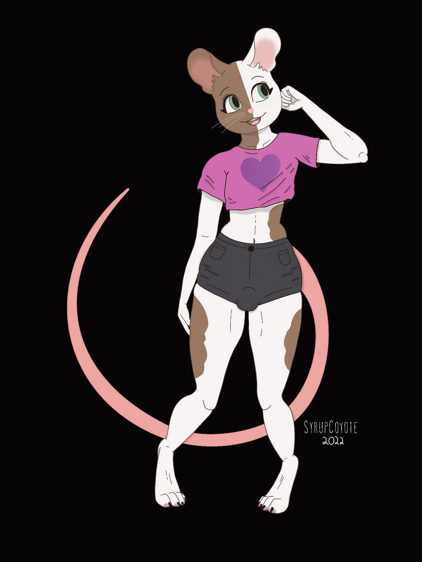 anthro barefoot bottomwear bulge clothing crop_top feet femboy fur fur_markings green_eyes heart_symbol hotpants inner_ear_fluff long_tail male markings navel open_mouth paws round_ears shirt shorts smile solo tail topwear tuft whiskers white_body white_fur syrupcoyote shay_(syrupcoyote) mammal mouse murid murine rodent 2022 3:4 hi_res signature