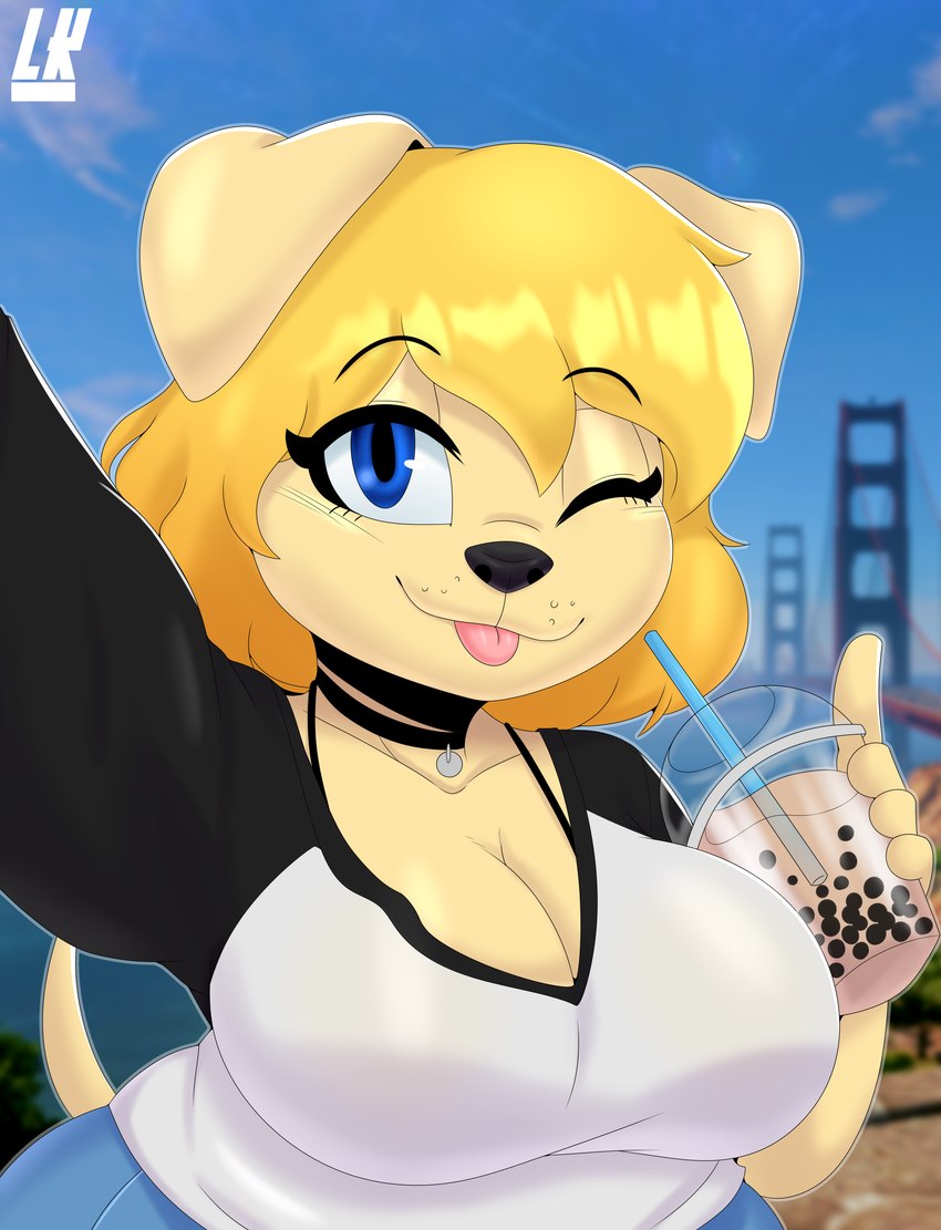 anthro beverage big_breasts big_butt blonde_hair blue_eyes breasts bubble_tea butt clothed clothing collar curvy_figure detailed_background female fur golden_gate_bridge hair looking_at_viewer outside san_francisco selfie short_stack smile solo thick_thighs tongue tongue_out topwear lobokosmico marzia_(lobokosmico) bird_dog canid canine canis domestic_dog golden_retriever hunting_dog mammal retriever 2022 absurd_res digital_drawing_(artwork) digital_media_(artwork) hi_res