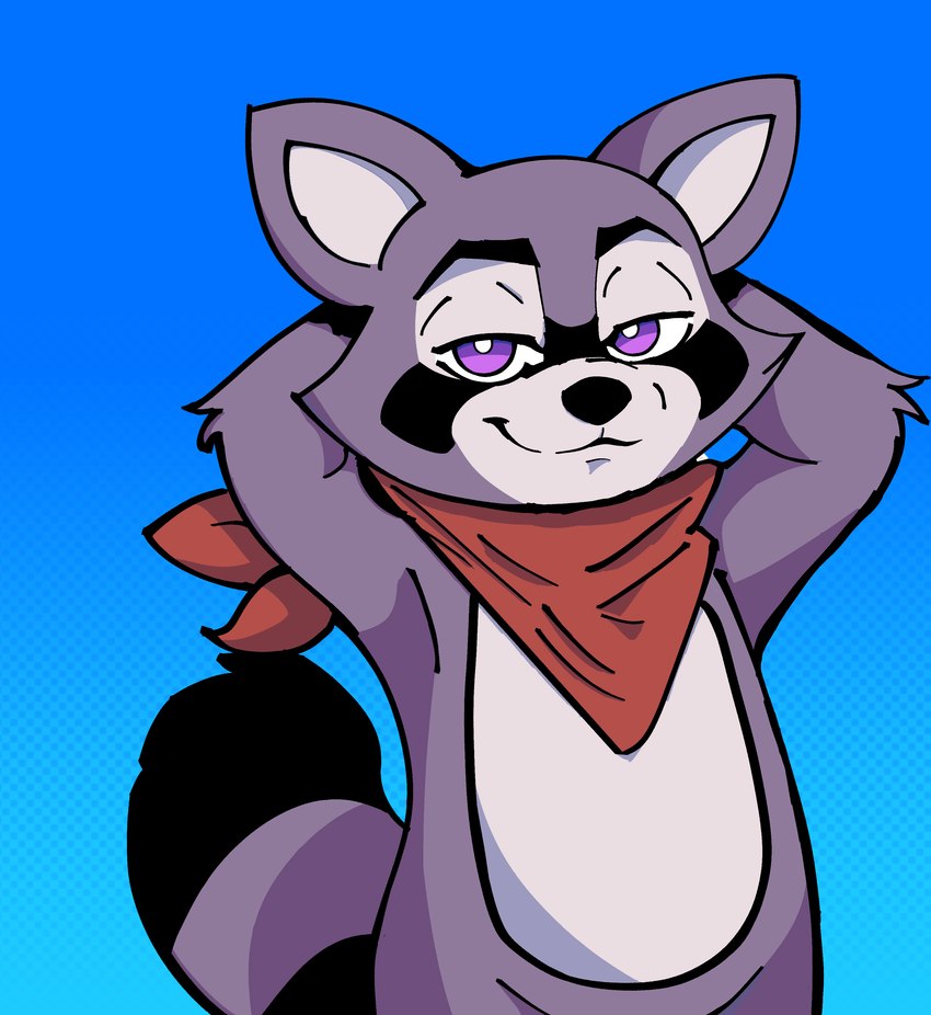 ambiguous_gender anthro black_eyebrows eyebrows fur grey_body grey_fur hands_behind_head kerchief kerchief_only mostly_nude neckerchief neckerchief_only neckwear purple_eyes solo menzorem indigo_park rambley_raccoon mammal procyonid raccoon absurd_res hi_res male_(lore)