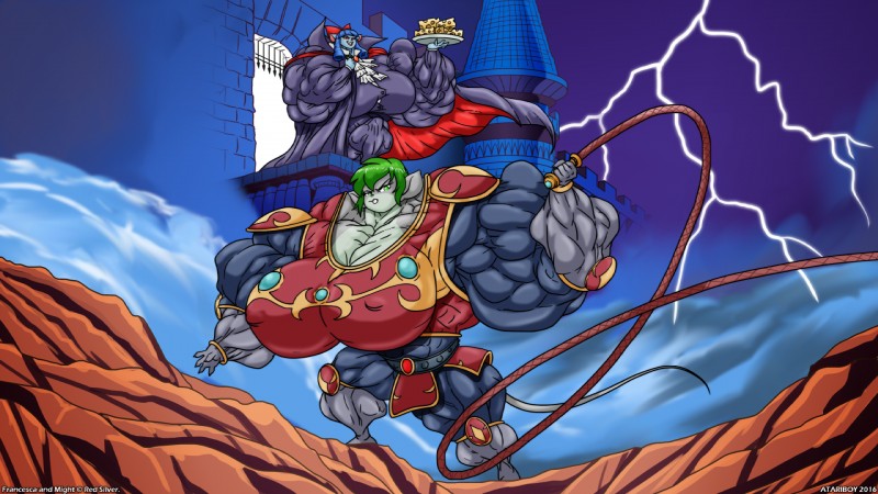 armor big_breasts big_muscles breasts cape castle cheese clothing cosplay dairy_products duo female food green_hair hair huge_breasts huge_muscles hyper hyper_muscles light muscular muscular_female nipple_outline weapon whip atariboy castlevania konami dracula simon_belmont 16:9 2016 hi_res lighting widescreen