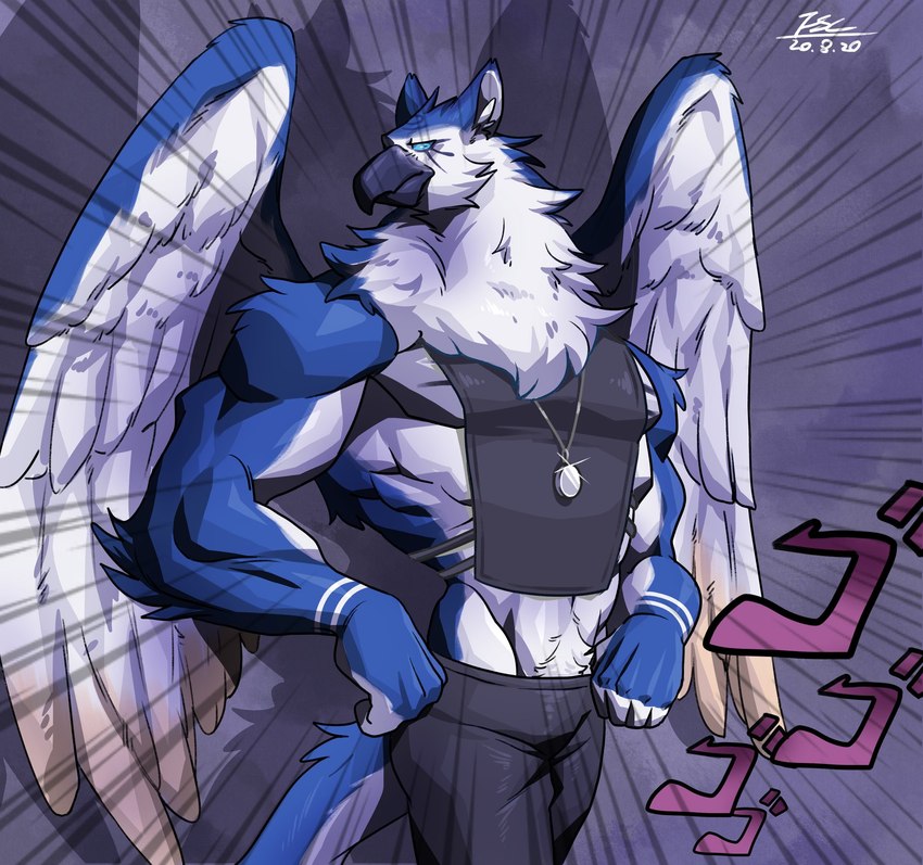 anthro beak black_beak black_bottomwear black_clothing black_pants black_topwear blue_body blue_eyes blue_feathers bottomwear clothing feathered_wings feathers glint jewelry jewelry_glint male muscular muscular_anthro muscular_male necklace pants pendant solo topwear white_body white_feathers wings fansl menacing_(meme) avian 2020 dated digital_media_(artwork) hi_res meme signature