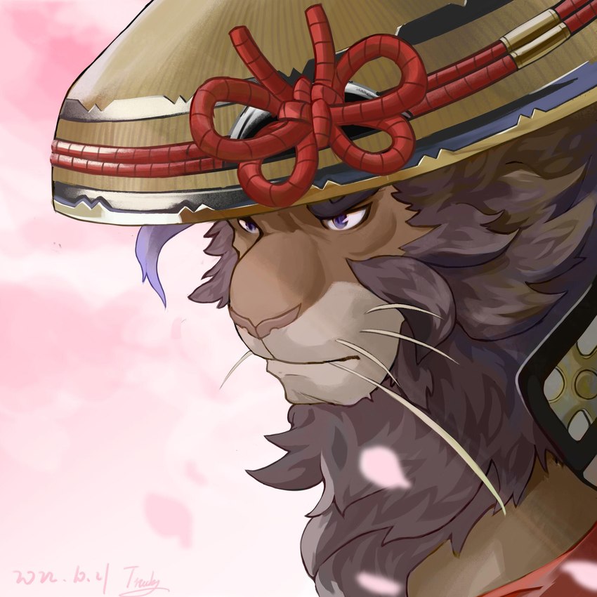 anthro bamboo_hat brown_body brown_fur clothing fur hat headgear headwear male mane purple_eyes samurai solo warrior trucky73 lifewonders live_a_hero toshu felid lion mammal pantherine 1:1 hi_res