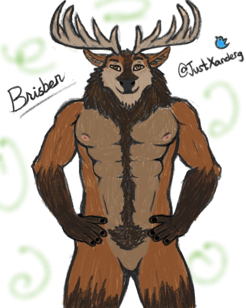 5_fingers abs anthro antlers body_hair chest_hair eyebrows featureless_crotch fingers hands_on_hips happy_trail horn inner_ear_fluff looking_at_viewer male muscular muscular_male navel orange_eyes pubes raised_eyebrow solo standing tuft xanderg_(artist) brisben cervine deer mammal red_deer 4:5 hi_res