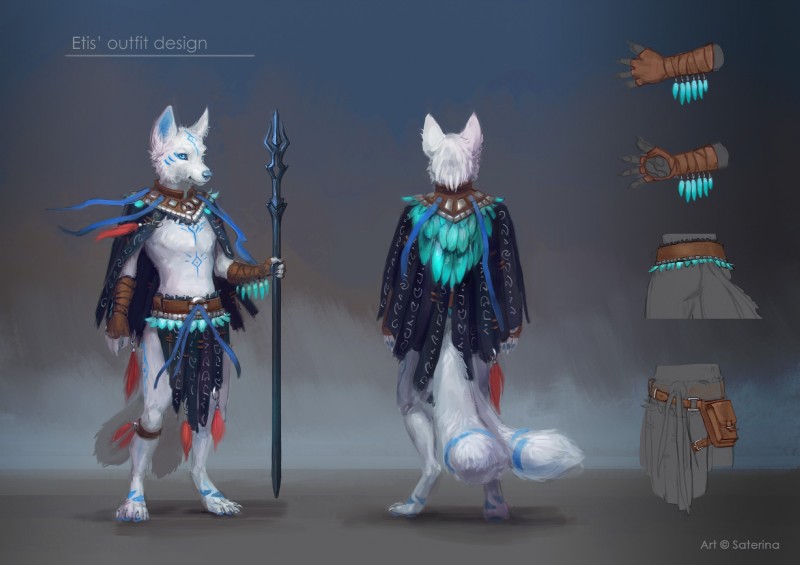 2_tails anklet anthro belt blue_eyes bottomwear cloak clothed clothing feathers fur gloves handwear holding_object jewelry loincloth looking_at_viewer male markings multi_tail simple_background solo staff standing tail text tribal weapon white_body white_fur saterina etis canid canine fox mammal 2020 digital_media_(artwork) english_text hi_res model_sheet shaded soft_shading