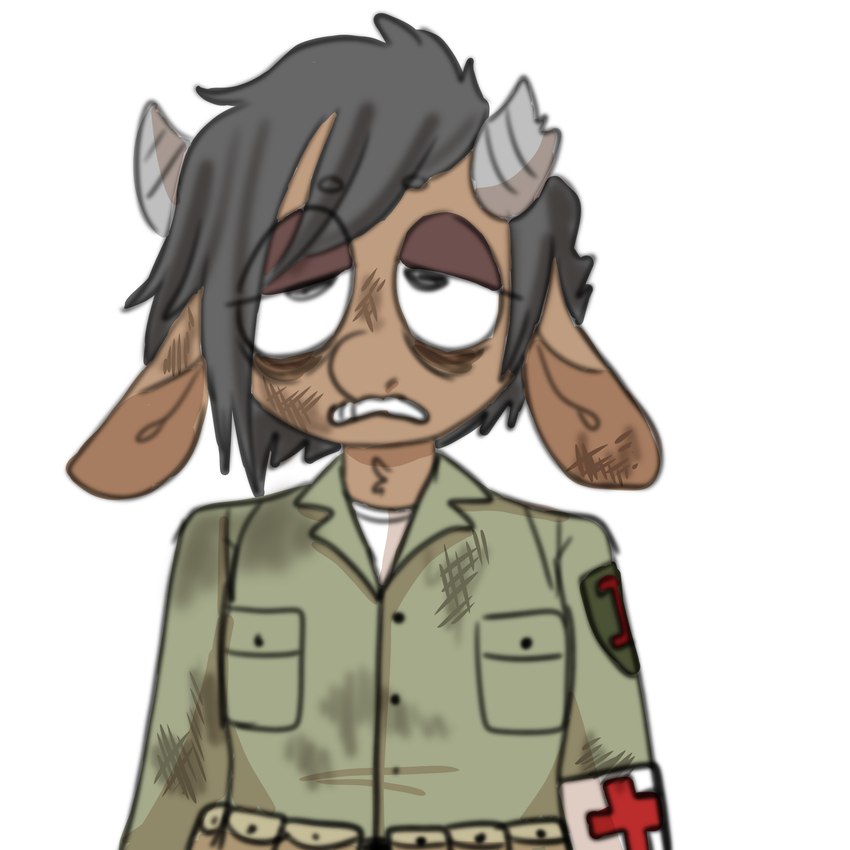 ambiguous_gender anthro broken_horn brown_body brown_fur clenched_teeth clothed clothing dirty eye_bags fur grey_hair grey_horn hair horn medic military military_uniform neck_tuft red_cross shirt simple_background solo soot teeth tired topwear tuft uniform white_background white_clothing white_shirt white_topwear world_war_2 manitka manitka_(character) bovid bovine cattle mammal 1:1 2022 digital_media_(artwork) hi_res