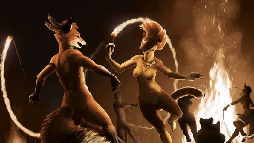 anthro armband bonfire breasts brown_body brown_fur butt casual_nudity chest_tuft depth_of_field duo_focus eyes_closed feathers female fire fire_dancing fire_performance fire_poi fire_spinning fur genitals gloves_(marking) group hair inner_ear_fluff jewelry leg_markings legband looking_at_another male male/female markings motion_blur navel necklace nipples nude open_mouth orange_body orange_fur performance_art pussy smile social_nudity socks_(marking) teeth tribal tuft whiskers ipoke aleutia kalahari_(character) canid canine fox long-tailed_weasel mammal mustelid musteline true_musteline weasel 16:9 2021 digital_media_(artwork) hi_res widescreen