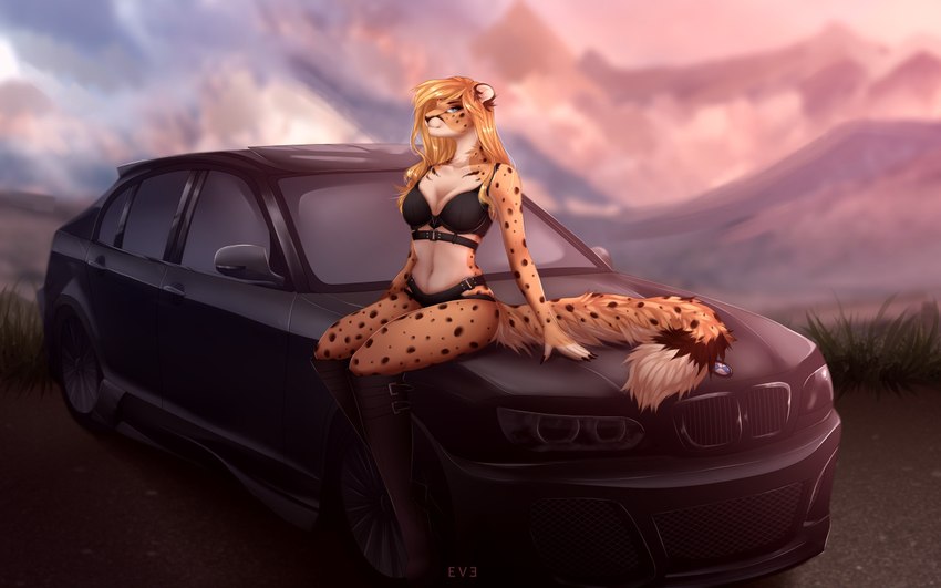 anthro black_bra black_clothing black_knee_boots black_knee_highs black_panties black_underwear blonde_hair blue_eyes boots bra breasts cleavage clothed clothing female footwear fur hair high_heeled_boots high_heels knee_boots knee_highs legwear markings motor_vehicle on_car on_hood on_vehicle outside panties shoes sitting_on_car sitting_on_vehicle small_breasts solo spots spotted_body spotted_fur underwear yellow_body yellow_fur astreve bmw lena_fluffy_(character) cheetah felid feline mammal 16:10 2022 widescreen