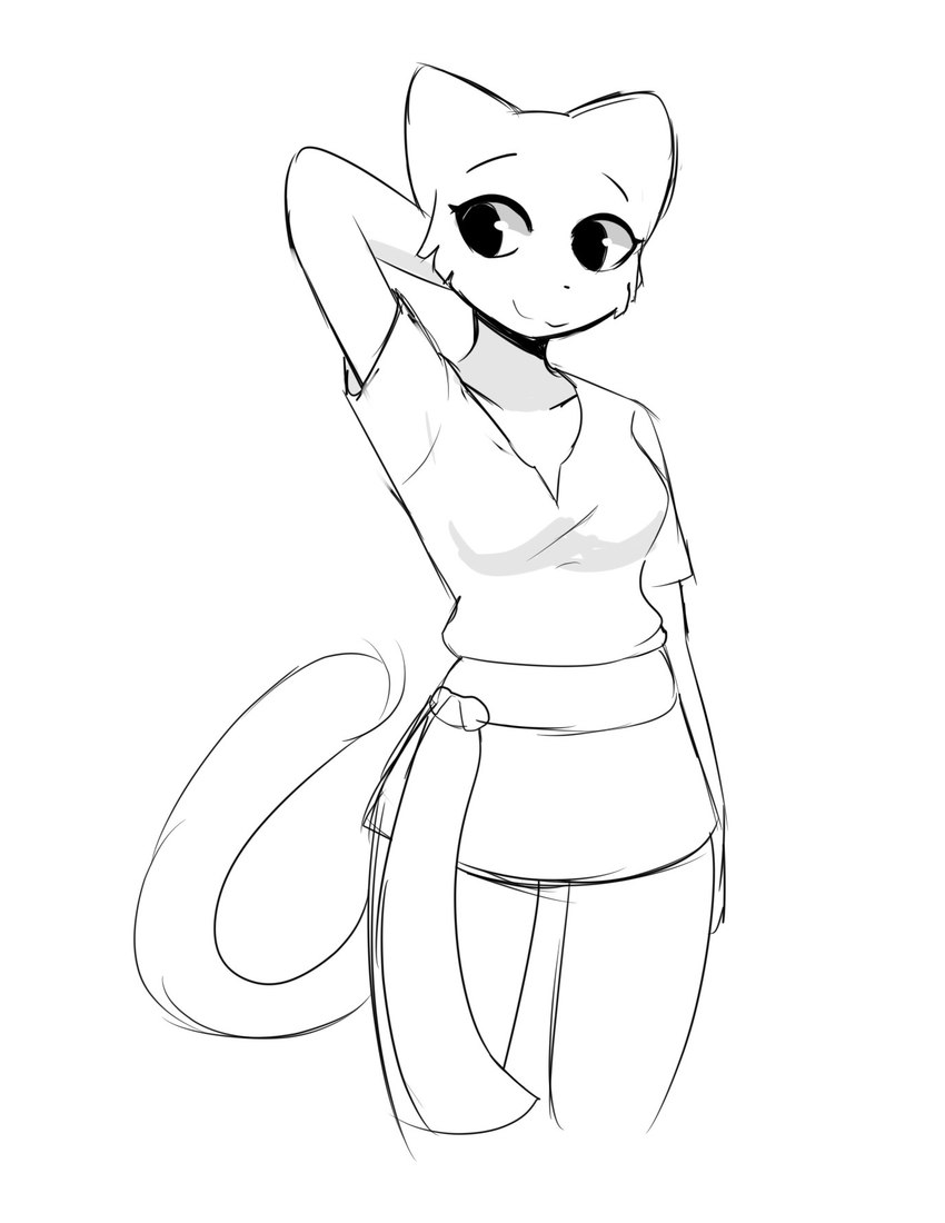 :3 anthro breasts clothed clothing female fur hand_behind_head simple_background smile solo tail tuft white_background jack_13245 microsoft prequel_adventure the_elder_scrolls katia_managan felid feline khajiit mammal 2024 digital_media_(artwork) guide_lines hi_res monochrome sketch