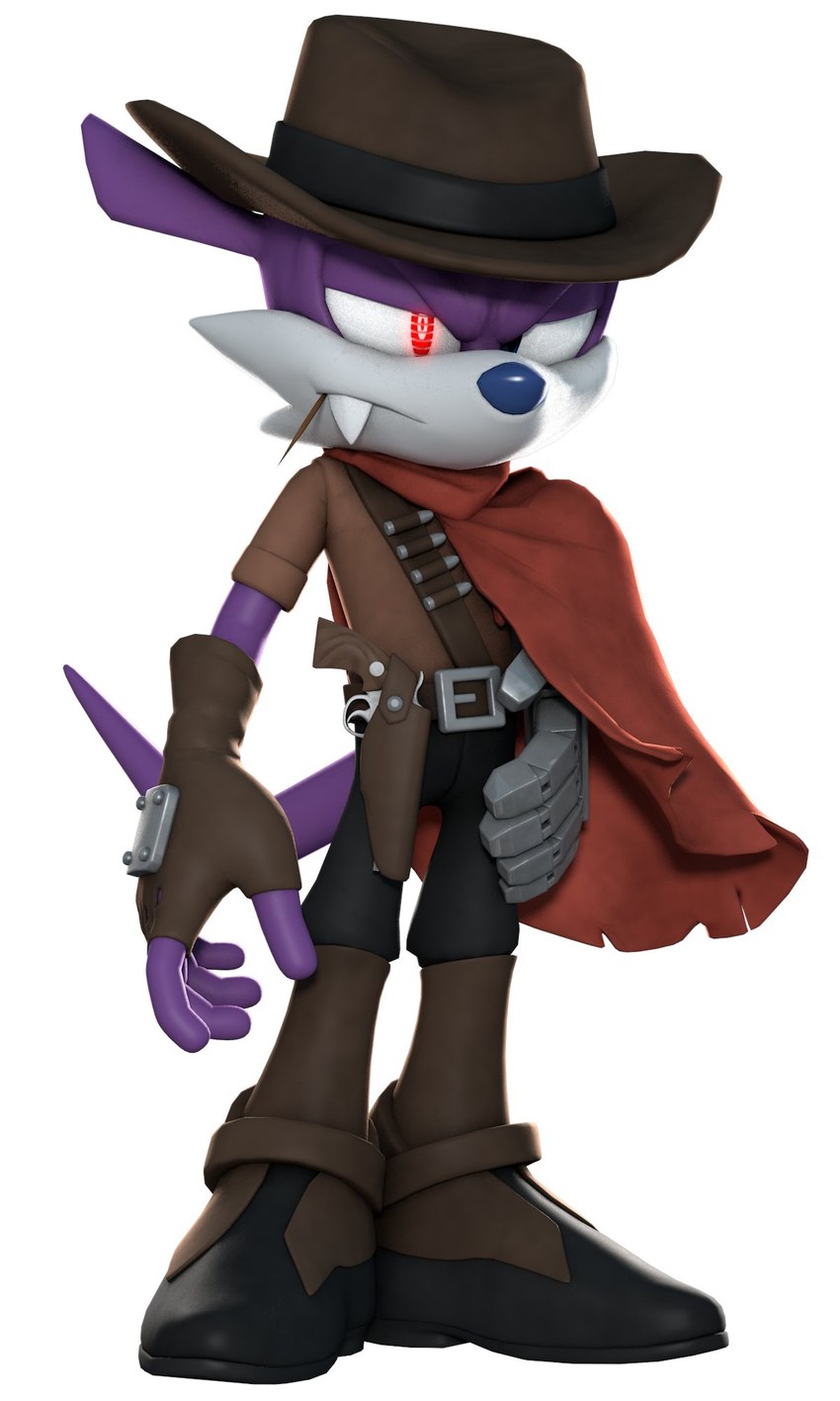 5_fingers anthro belt boots cape clothing cowboy cowboy_hat cybernetic_arm cybernetic_limb cybernetics fingers footwear gloves handwear hat headgear headwear machine male metal_arm red_eyes robotic_arm shoes simple_background solo standing white_background m0lag sega sonic_the_hedgehog_(series) fang_the_hunter dipodid jerboa mammal rodent 3d_(artwork) digital_media_(artwork) full-length_portrait hi_res portrait three-quarter_portrait